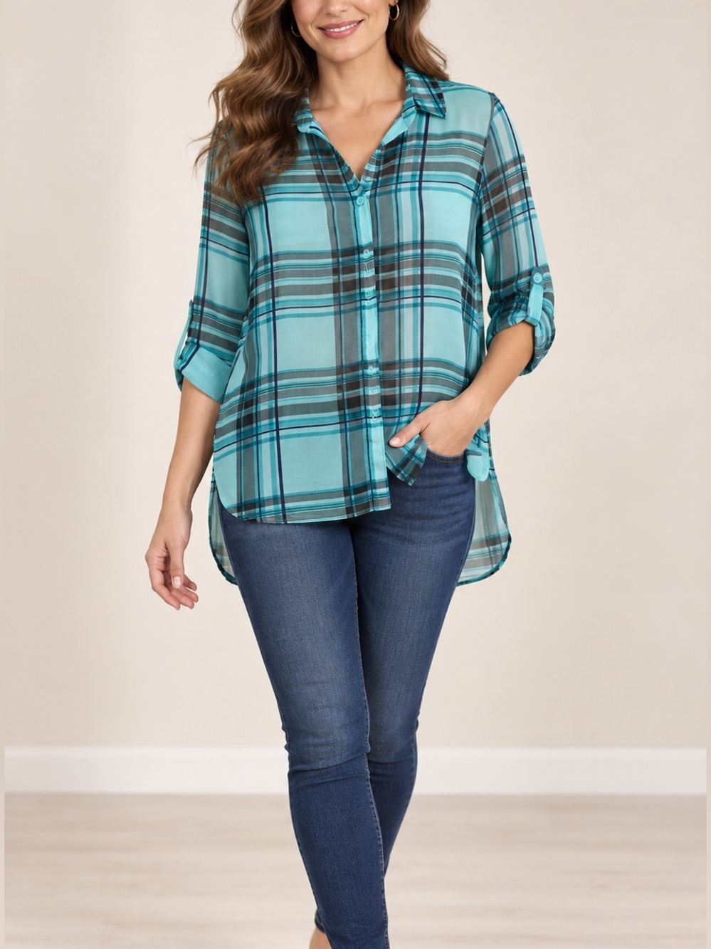 Cato Teal and Black Plaid Button-Down Sheer Blouse